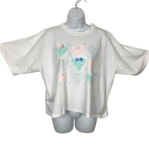 Vintage 90s Heart Bow Graphic Tee Womens Boxy Cropped Puff Paint Embellished